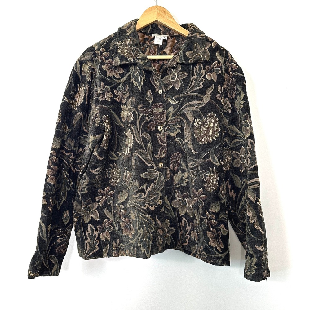 VTG 90s Tapestry Floral Jacket Dark Academia Button Front L Boho Coldwater Creek